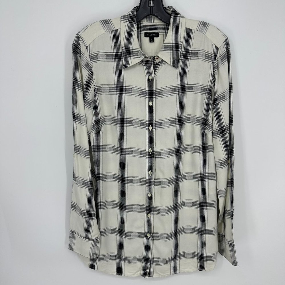 Talbots Plaid Button Down Shirt Top S Long Tunic Length Rayon Cream Black Dots